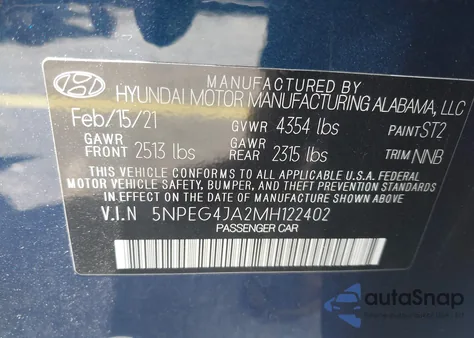 2021 Hyundai Sonata Se z USA, uszkodzony, nr VIN 5NPEG4JA2MH122402
